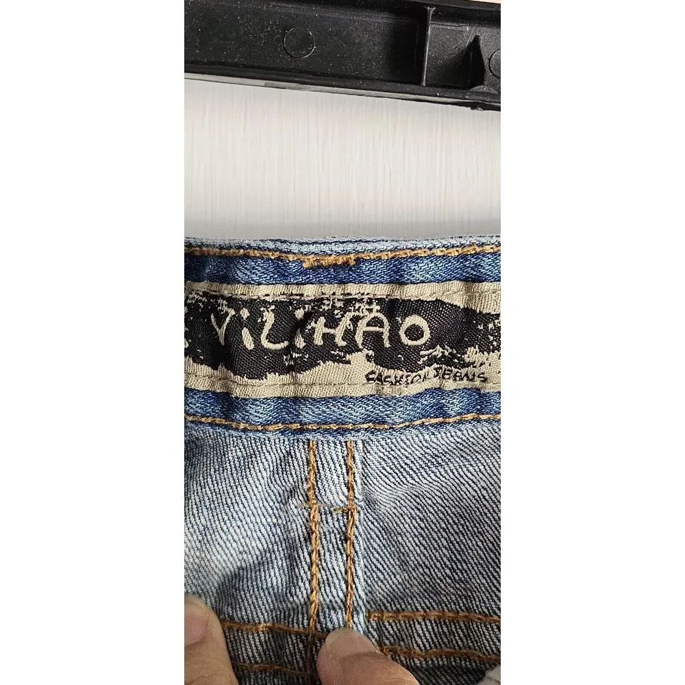 Vtg YiLiHAO size 26 denim shorts Donald and Daisy embroidered distressed‎ cuffed